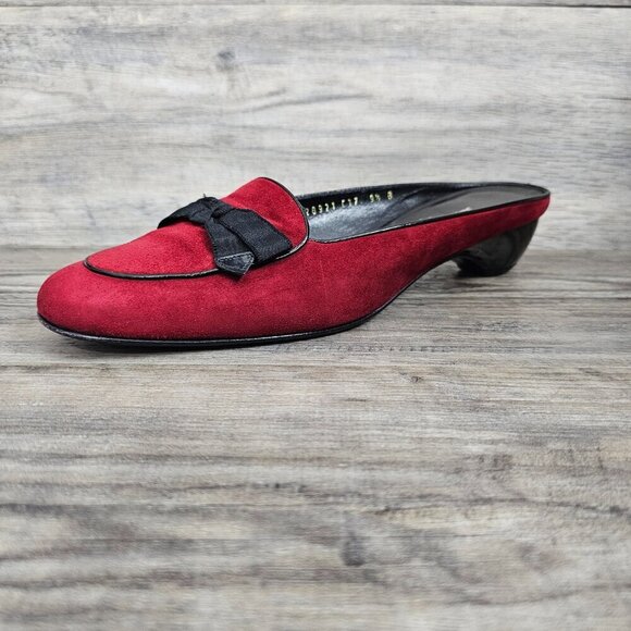 Salvatore Ferragamo Made in Italy Red Suede Bow Slip On Mules - Picture 11 of 14